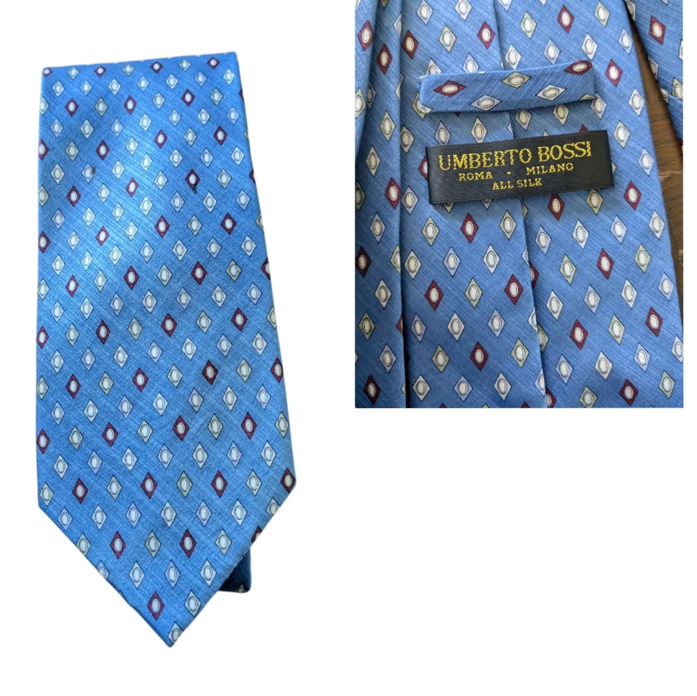 VTG Umberto Bossi Light Blue Silk Men's Tie with Geometric Diamond Pattern